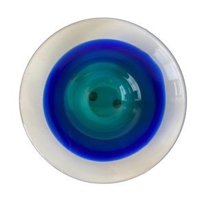 Vintage Murano Glass Sommerso Aqua and Blue and Clear Heavy Low Decorative Bowl